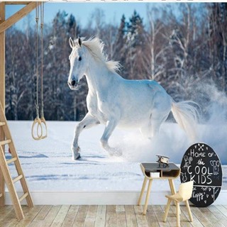 白馬奔雪照片壁畫客廳電視沙發牆臥室裝飾自粘牆紙 3d 壁紙