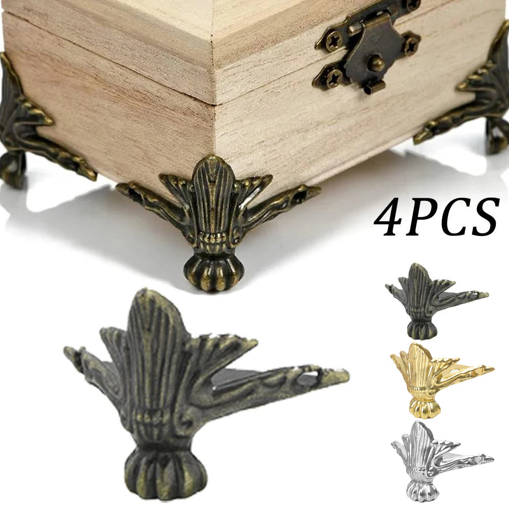 4 件裝古董護角鋅合金首飾胸盒木箱裝飾腳金屬保護器五金支架