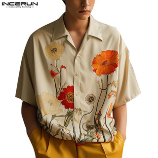 Incerun 男士復古日常時尚花卉印花短袖襯衫