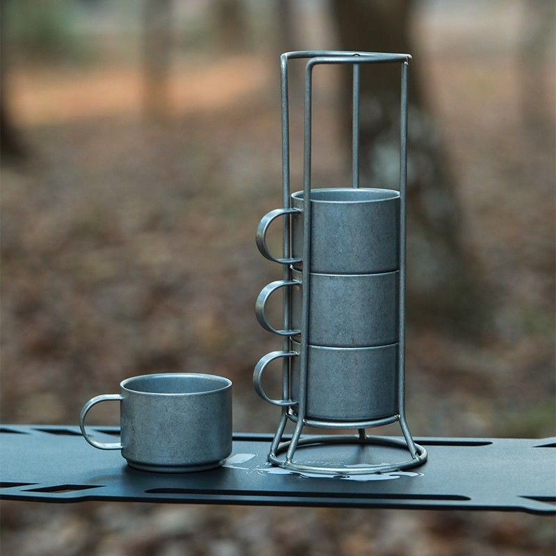 日式復古雪花砂304不鏽鋼咖啡杯創意戶外金屬架子疊杯露營5件套