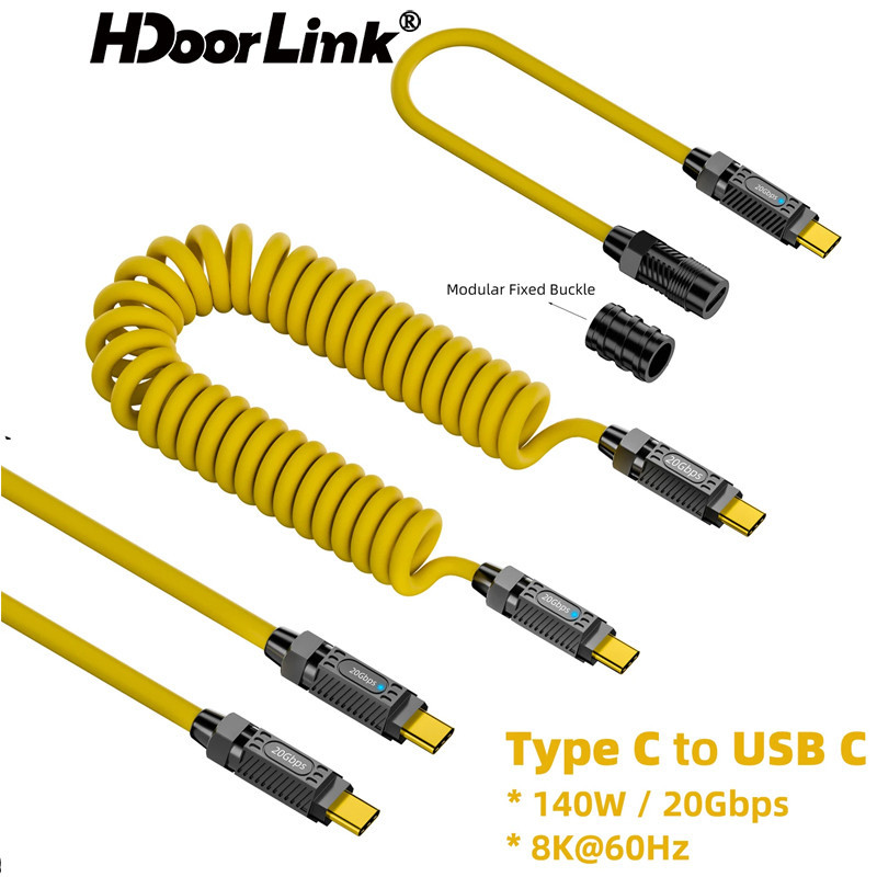 Hdoorlink 快速充電數據線 PD 140W 20Gbps 8K USB C 轉 C 彈簧線 Type C 延長線