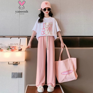 130-170CM 夏季女童小熊短袖長褲套裝 中大童時尚落肩休閒運動套 現貨 快速出貨