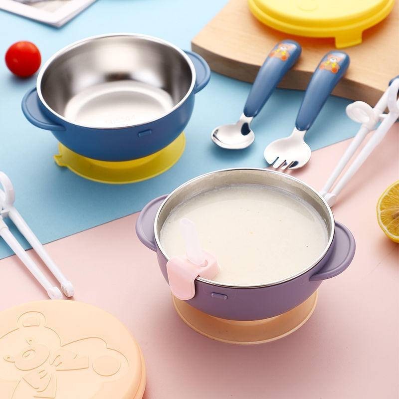 兒童吸盤碗吸管輔食碗兒童練習筷子不銹鋼彎勺叉防摔寶寶餐具套裝
