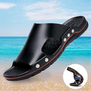 男士皮革涼鞋夏季平底戶外沙灘拖鞋大碼 48