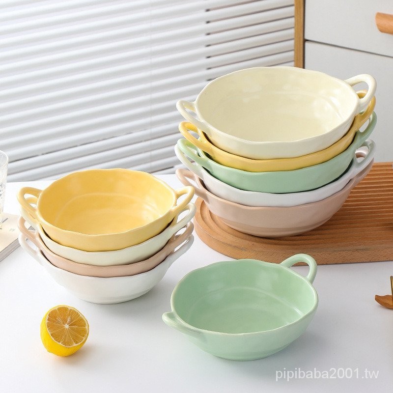 北歐風雙耳碗創意家用陶瓷餐具麵碗湯碗微波爐空氣炸鍋烤碗沙拉碗