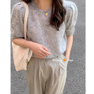 [VERNE FF]灰色短袖上衣 針織上衣 短袖上衣 夏季上衣 寬鬆短袖上衣 顯瘦圓領上衣 泡泡袖半袖t恤 法式短上衣