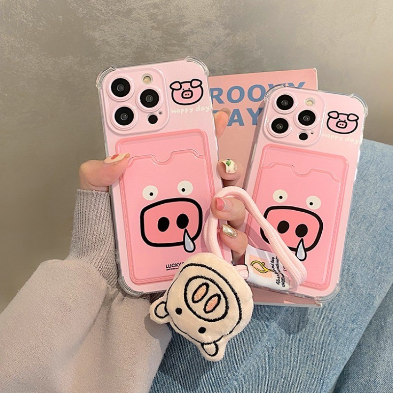 可愛 小豬 掛繩 插卡 手機殼 適用於 蘋果 iPhone 15 14 13 12 11 Pro Max 卡通 保護殼