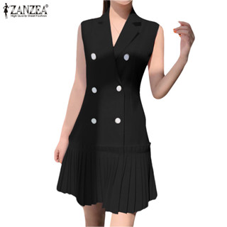 Zanzea 女式韓版西裝領無袖鈕扣腰部百褶連衣裙