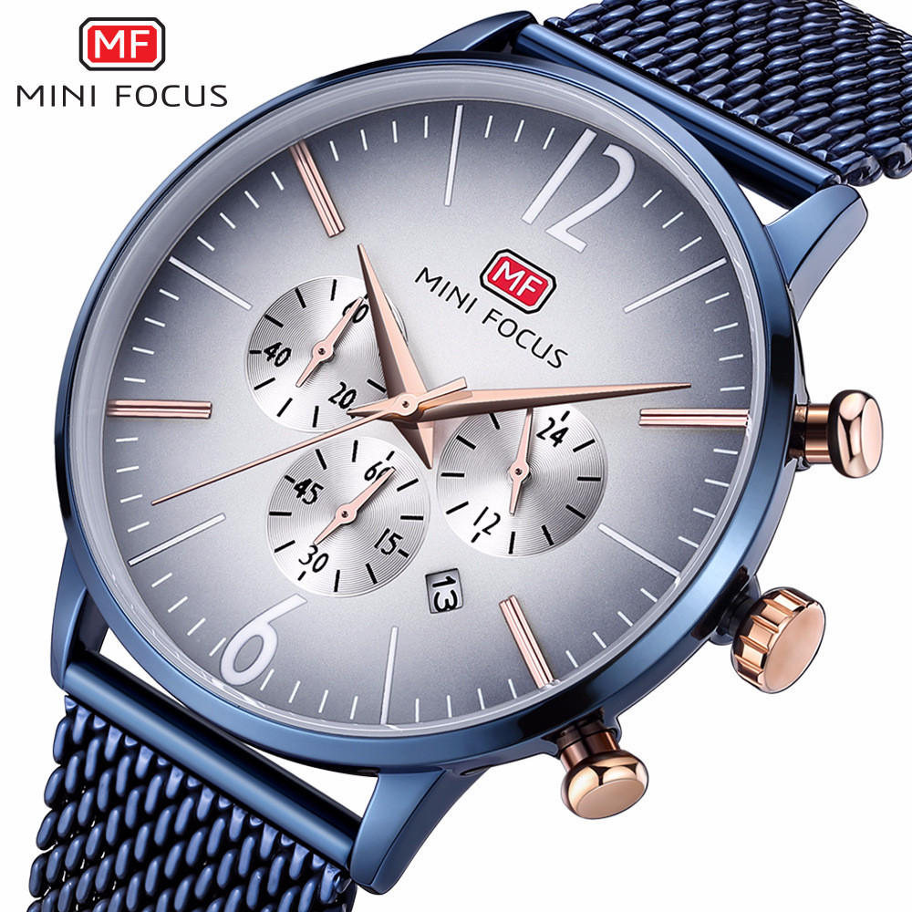 MINI FOCUS 男士時尚手錶 日曆防水手錶 金屬網帶 品牌直銷0114G