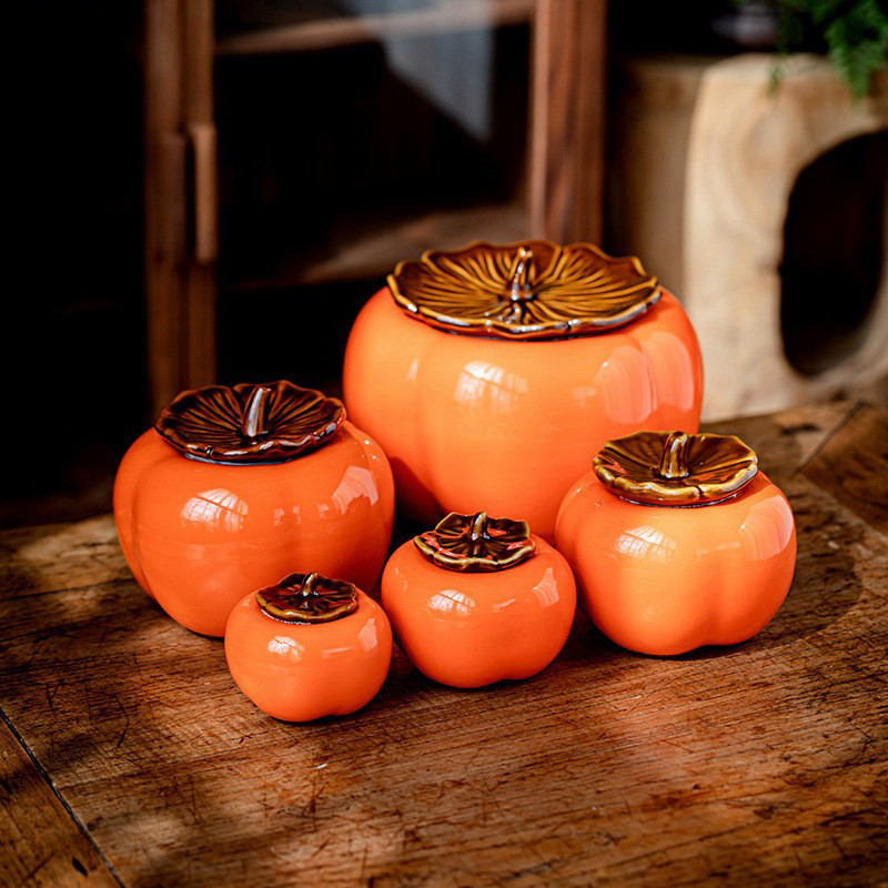大號事事如意柿子茶葉罐 大容量陶瓷創意喜糖罐 家用茶罐 密封擺件 空盒