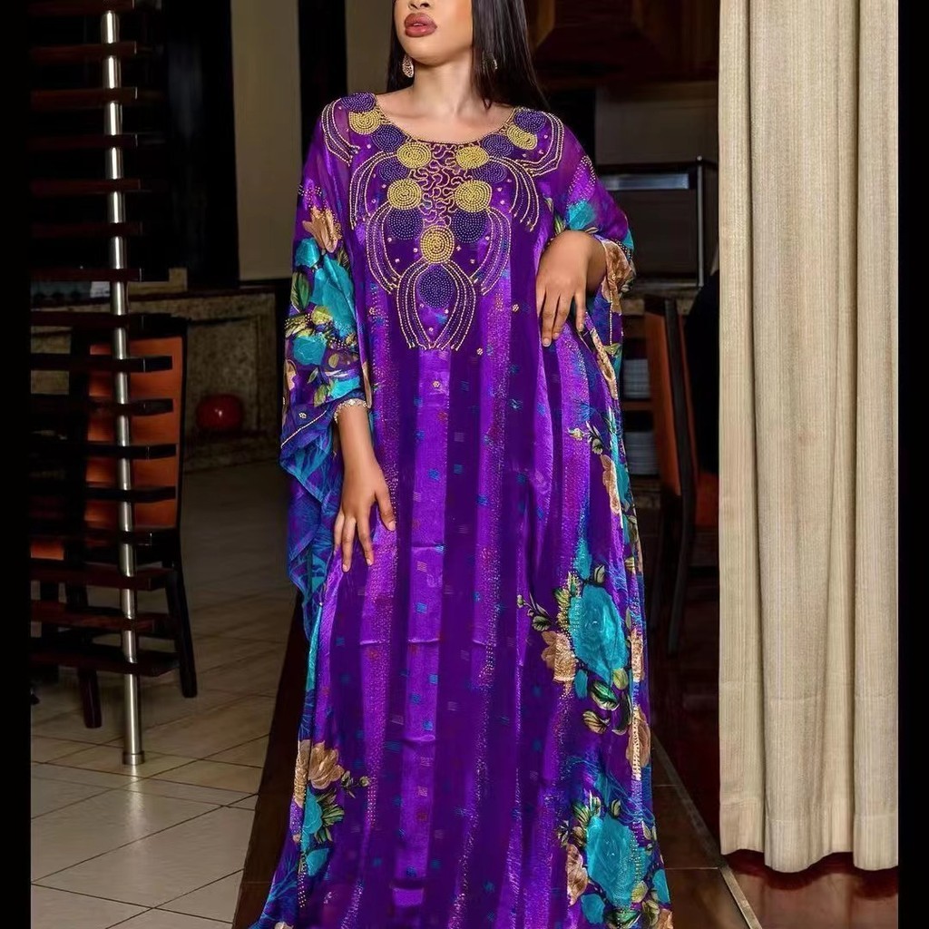 獨立站新款中東穆斯林珠亮片印花長袍子非洲女裝 洋裝女