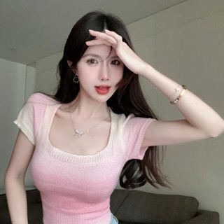💖臺灣出貨💖方領上衣女 短版上衣 短袖上衣 女裝 復古軟糯別致短款冰絲針織衫女方領漸變短袖設計感辣妹高階感上衣