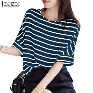 Zanzea 女式韓版休閒圓領短袖寬鬆條紋襯衫