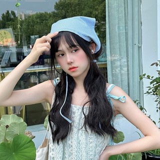 DINI藍色格子三角頭巾女夏天時尚發巾法式包頭絲巾復古方巾ins