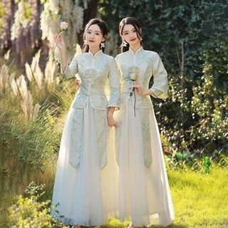 中式伴娘服長袖春夏高階婚禮伴娘團姐妹裙姐妹禮服