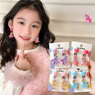 韓版新款卡通小馬寶莉耳環無耳洞耳夾女童甜美可愛彩色卡通吊墜無耳洞假耳環不傷耳飾品兒童