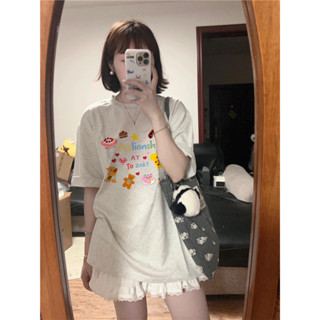 【HOT 本舖】 S-2XL純棉美式復古落肩短袖200克t恤女設計感小眾港味chic上衣夏 短袖上衣 T恤 寬鬆