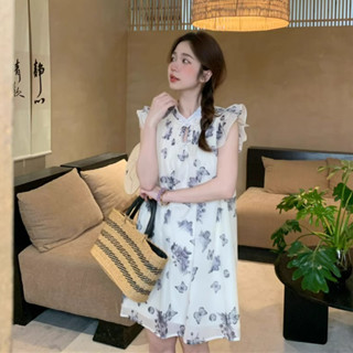 【HOT 本舖】 大碼新中式復古連衣裙女夏季溫柔風甜美裙子胖mm遮肚子顯瘦碎花裙