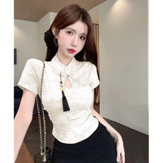 【HOT 本舖】 新中式國風扎染盤扣短袖t恤女夏季獨特別致小眾設計修身短款上衣