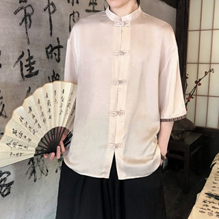 男士亞麻冰絲短袖襯衫民族風大尺碼盤扣素色百搭中式棉麻短袖襯衫日系復古透氣排汗唐裝漢服茶服禪服居士服太極服潮