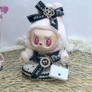Labubu衣服 17cm一代二代拉布布衣服 黑愛心香風裙