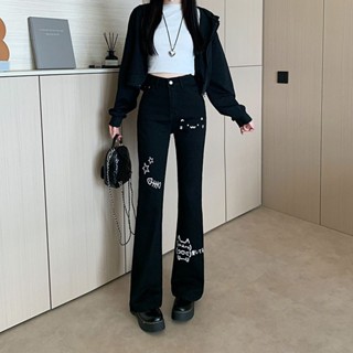【HOT 本舖】 實拍~春季新款百搭黑色印花牛仔褲長褲喇叭褲修身褲女休閒褲