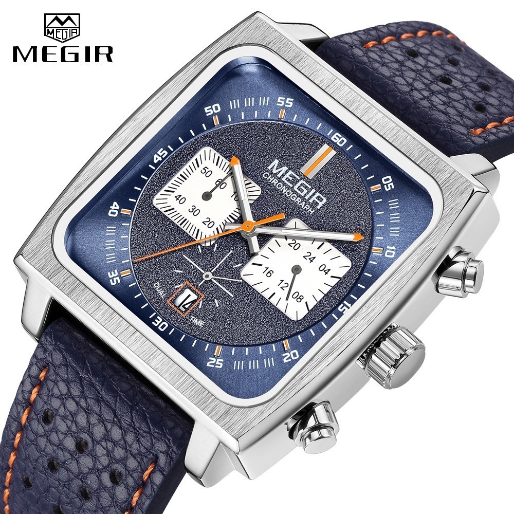 Megir 2182 方形錶盤計時碼表石英手錶男士時尚藍色皮革錶帶休閒運動手錶帶日期 24 小時 2182