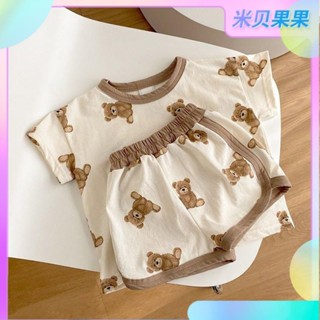 【米貝果果】ins風小清新夏款嬰兒洋裝 可愛卡通熊女童短袖T恤 上衣+短褲女寶寶2件套裝