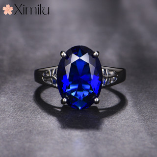 ❤ 新款簡約氣質橢圓形藍寶石鍍白金戒指女鏤空飾品