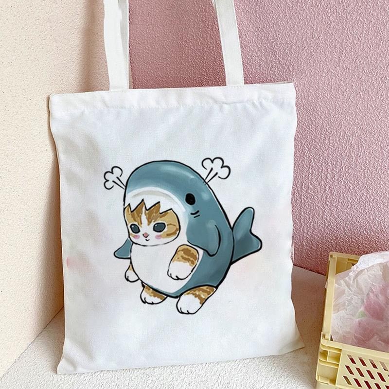 Kawaii Shark Cat鯊魚貓印花帆布袋斜背包摺疊袋手提袋購物袋