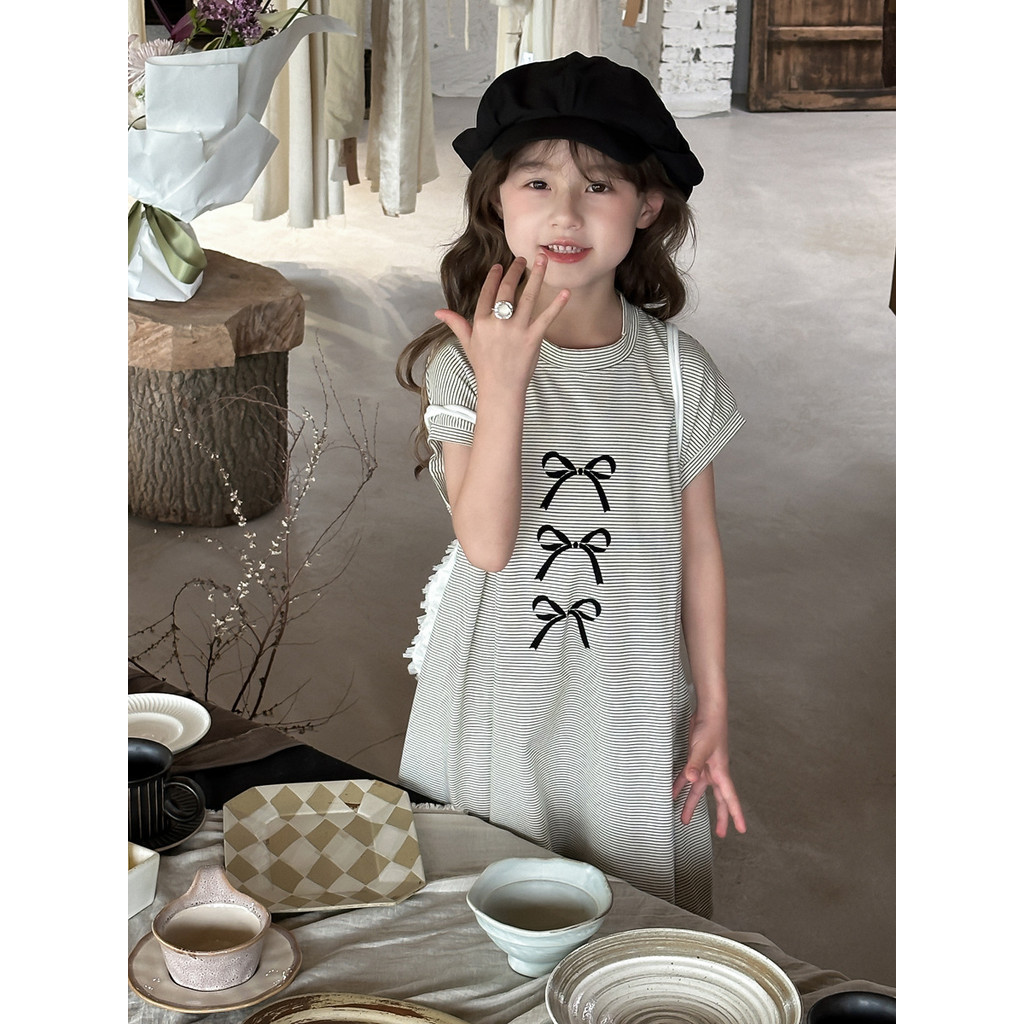 ✨HIKIDS✨韓國童裝 女童針織條紋印蝴蝶結裙T 洋氣洋裝