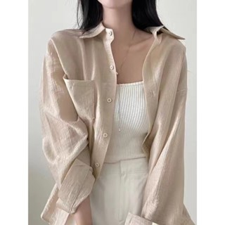 牛奶少女[氣質出眾]韓國chic夏季寬鬆透氣天絲長袖襯衫設計感休閒襯衫素色防晒服外套