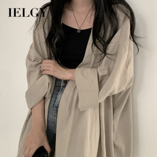 IELGY 韓版寬鬆長袖襯衫女純色薄款防曬上衣