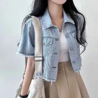 💖臺灣出貨💖牛仔外套 短袖外套 短版外套 女生外套 韓系高腰牛仔短袖氣質上衣女夏季新款復古港風百搭短款小香風外套