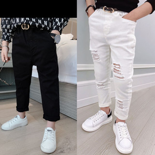 Dora優質品牌服裝 90cm-140cm👕👍童裝男童黑白色彈力褲修身版牛仔褲2024新款寶寶穿破洞📣👒