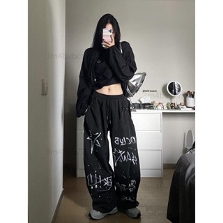 美式復古塗鴉傘兵工裝褲 女秋季高腰直筒休閒拖地褲 衝鋒褲 寬鬆休閒運動褲 休閒長褲 休閒寬褲#TUJ