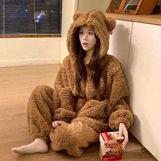 美拉德小熊珊瑚絨睡衣女 鼕天可愛卡通連帽居傢服 刷毛加厚保暖睡衣兩件套裝 情侶大尺碼傢居服男女可穿emma