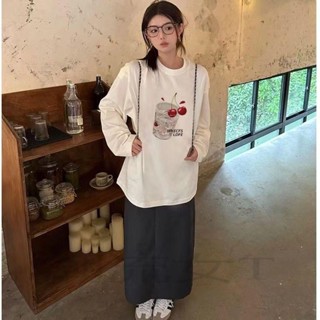 ~ 臺灣出貨~ 純棉長袖T恤女寬鬆白色2025秋季新韓版百搭印花寬鬆打底衫上衣潮