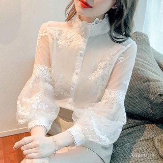Xuan🥨宮廷風刺繡雪紡襯衫女春季款超僊氣質蕾絲拚接燈籠袖立領上衣