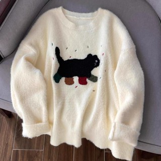 夏日女裝 春季女裝 kuose韓國 耶誕立體小貓刺繡毛衣2024秋冬季新款女裝短版針織衫寬鬆長袖上衣