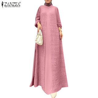 Zanzea 女士穆斯林輕奢圓領燈籠袖蕾絲鉤針長連衣裙