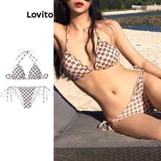 Lovito 女用休閒格紋幾何抽繩比基尼套裝 LNA50282