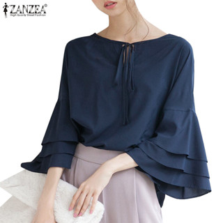 Zanzea 女式韓版船領喇叭袖寬鬆領帶純色襯衫