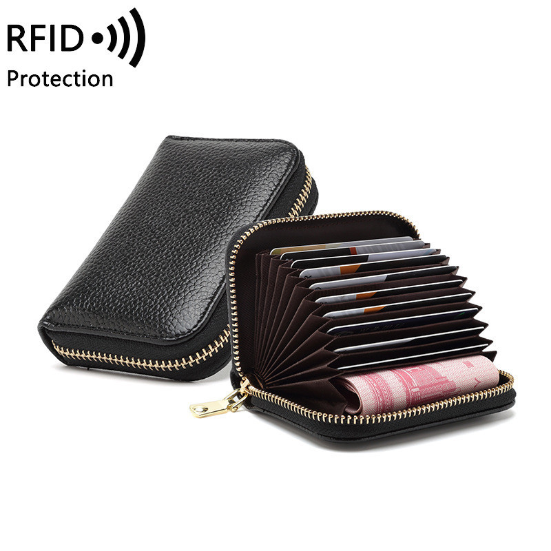 頭層牛皮風琴卡包女RFID防盜女士卡夾男士證件包多功能拉鍊小錢包