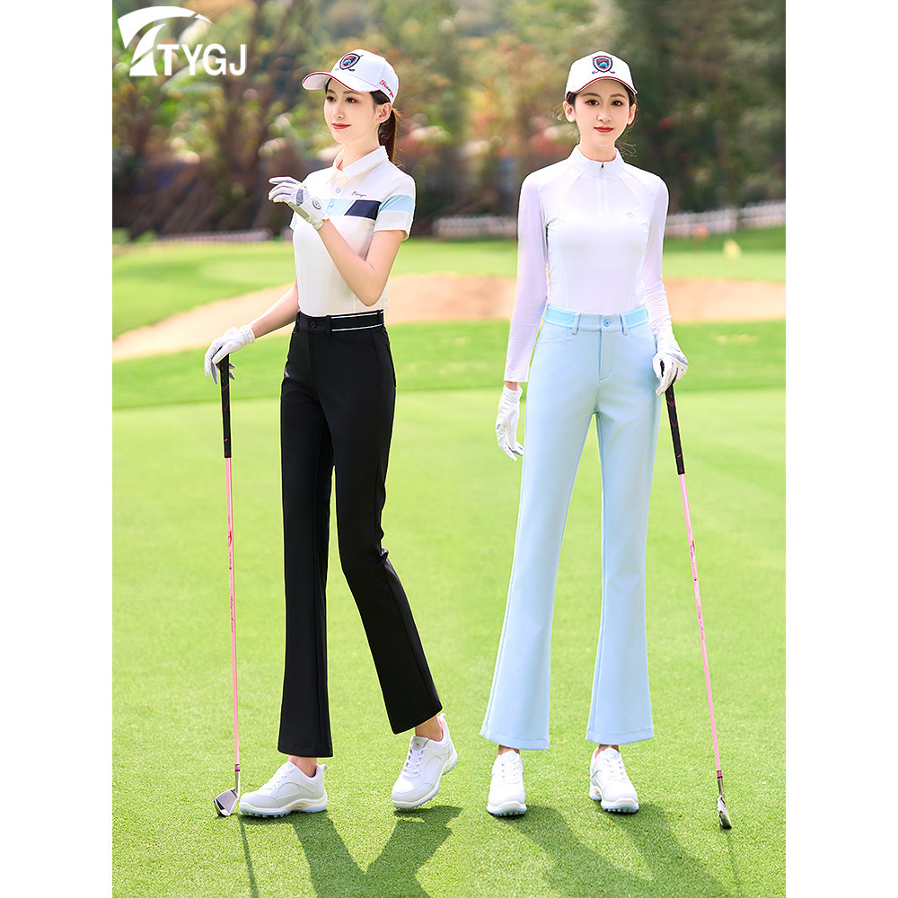 【高爾夫球褲 球褲 運動長褲女】高爾夫球女士長褲緊身顯瘦鬆緊中腰白黑藍色微喇叭運動褲子服裝
