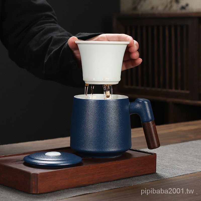 家用創意大容量木柄陶瓷水杯花茶辦公泡茶杯帶蓋過濾茶水分離杯子