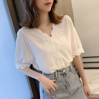襯衫女設計感小眾上衣七分袖寬松韓版夏季t恤蕾絲拼接雪紡襯衣ins 女生襯衫 寬鬆襯衫