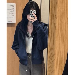 【CHICUP STUDIO】限時快發 藏青色短版拉鍊大學T外套女春秋長袖韓系連帽小外套緊身上衣早秋穿搭