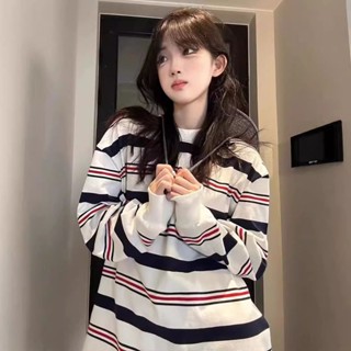 早秋長袖衛衣女2025新款秋季薄款寬鬆內搭打底衫條紋t恤圓領上衣