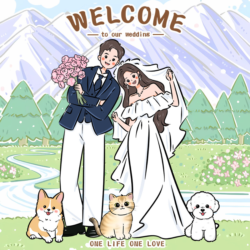 客製化 似顏繪 甜甜婚禮手繪 Q版情侶婚紗照定製 卡通人物人形立牌 迎賓牌請柬設計